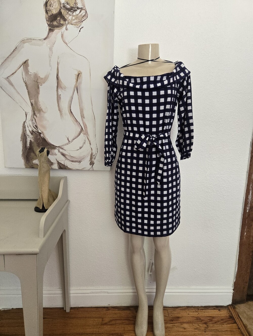 NWT Banana Republic Off The Shoulder Navy and White Checkered Belted Shift Dress